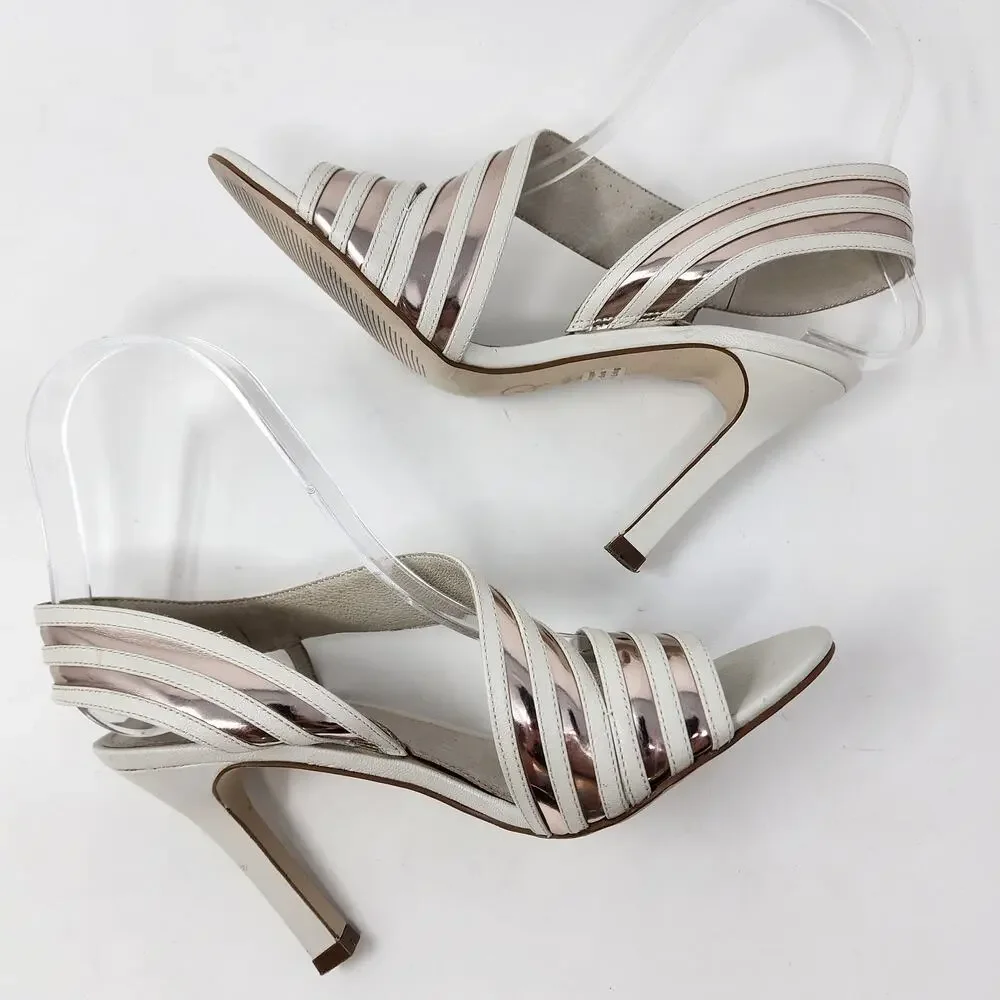Adrianna Papell Edison Heel 6.5M Strappy Cream Leather Rose Gold Metallic Stripe